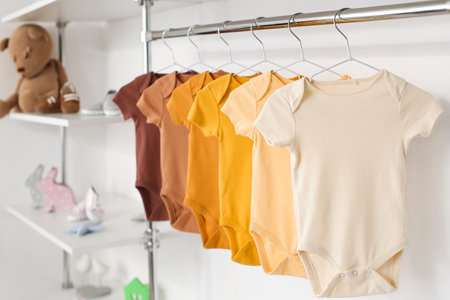Baby bodysuits hanging near light wall in roomの写真素材