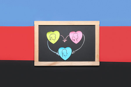 Chalkboard and paper hearts on polyamory flag