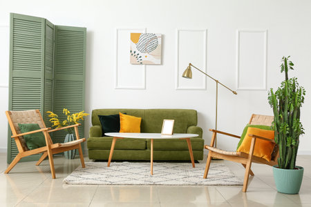 Interior of stylish living room with cactusの写真素材