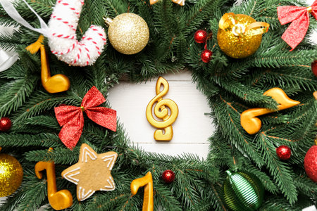 Christmas branches with note signs, cookie and decor on white wooden backgroundの写真素材
