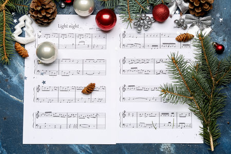 Note sheets with Christmas balls, fir branches and cones on grunge backgroundの写真素材