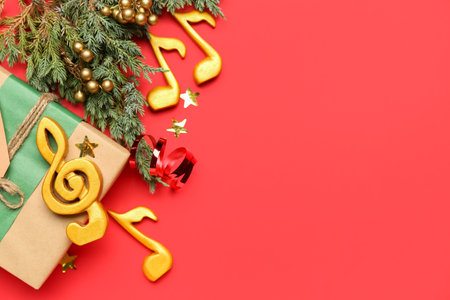 Note signs with Christmas branches and gift on red backgroundの写真素材