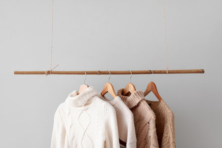Rack with knitted sweaters hanging on light wallの写真素材