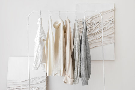 Female sweaters hanging on rack near light wallの写真素材