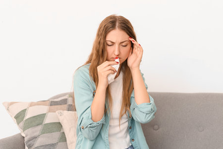 Young woman wiping nosebleed with tissue at home