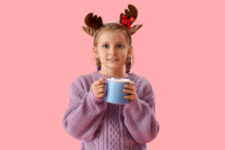 Happy little girl in reindeer horns with cup of cocoa on pink backgroundの写真素材