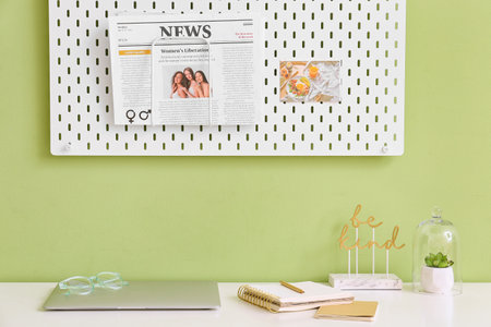 Modern workplace with office supplies and peg board on wall