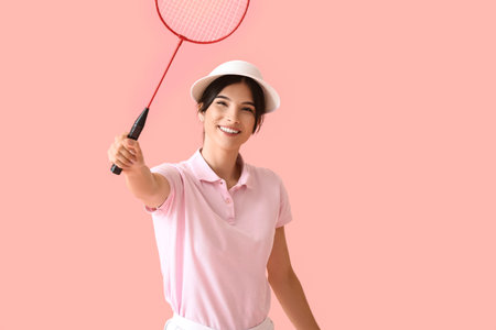 Sporty female badminton player on color backgroundの写真素材