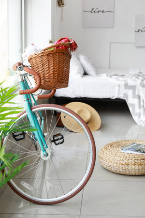 Interior of modern stylish bedroom with bicycleの写真素材