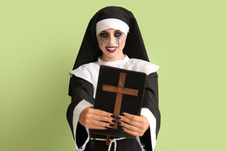 Woman dressed for Halloween as nun with Bible on color backgroundの写真素材