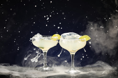Glasses of tasty margarita cocktail with splashes and smoke on dark backgroundの写真素材