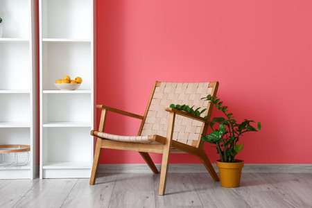 Modern armchair and houseplant near color wall in roomの写真素材