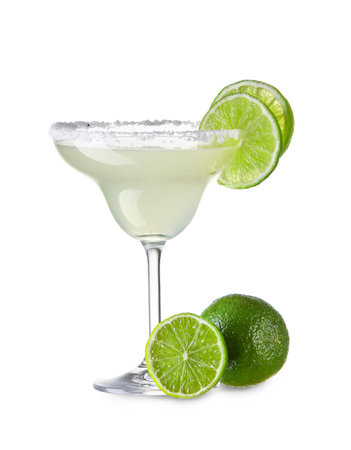 Glass of tasty margarita cocktail on white backgroundの写真素材