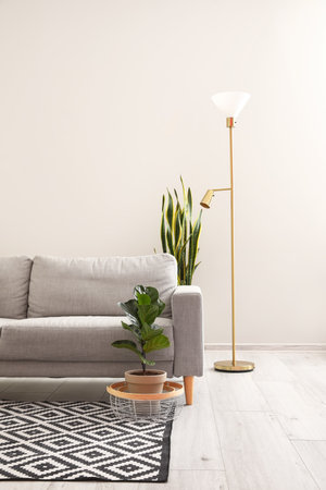Comfortable sofa and modern lamp near white wallの写真素材