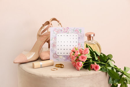 Wedding calendar, bridal accessories and beautiful flowers on pouf near light wallの写真素材