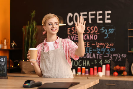 Young female barista with cup of coffee waving hand in cafeの写真素材