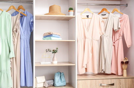Wardrobe with different female clothes and accessories