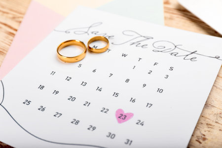 Beautiful composition with wedding calendar on tableの写真素材