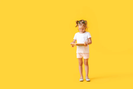 Adorable little girl with abacus on yellow backgroundの写真素材