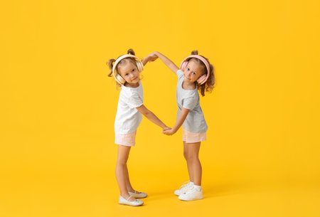 Cute little girls in headphones holding hands on yellow backgroundの写真素材