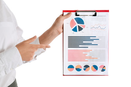 Businesswoman holding clipboard with diagrams on white backgroundの写真素材
