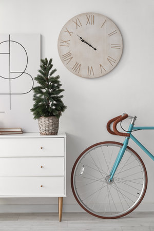 Interior of living room with bicycle, chest of drawers and small fir treeの写真素材