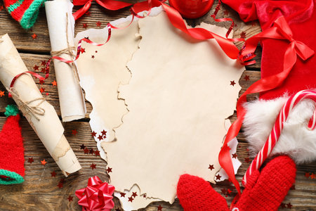 Composition with blank letter to Santa and Christmas decor on wooden background, closeupの写真素材