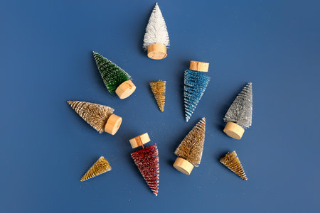 Set of decorative Christmas trees on blue backgroundの写真素材