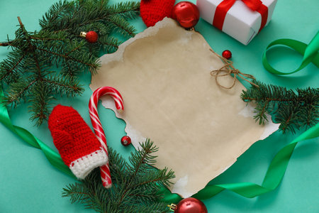 Composition with blank letter to Santa, Christmas decorations and fir branches on color backgroundの写真素材