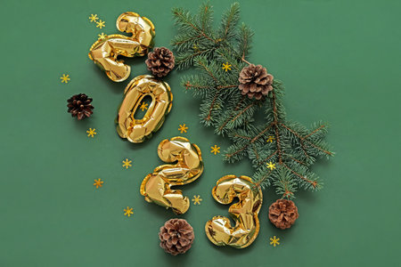Figure 2023 made of balloons, fir branches and cones on green backgroundの写真素材