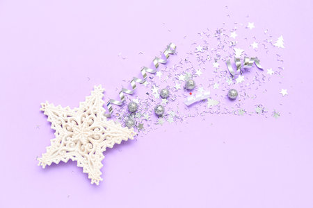 Beautiful Christmas composition with decor on color backgroundの写真素材