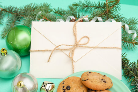 Letter to Santa with cookies, Christmas balls and fir branches on color background