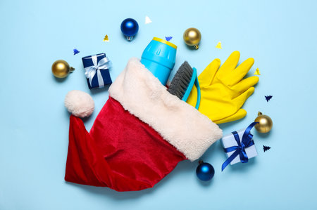 Santa hat with cleaning supplies, Christmas balls and gifts on blue backgroundの写真素材