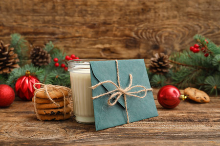Letter to Santa with glass of milk and cookies on wooden background, closeupの写真素材