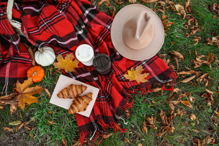 Book with croissants, coffee cups, hat and autumn pumpkins on plaid in parkの写真素材