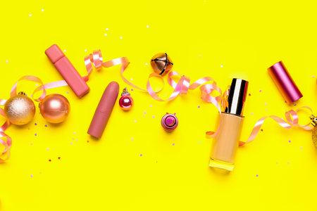 Makeup products with Christmas decor on yellow backgroundの写真素材
