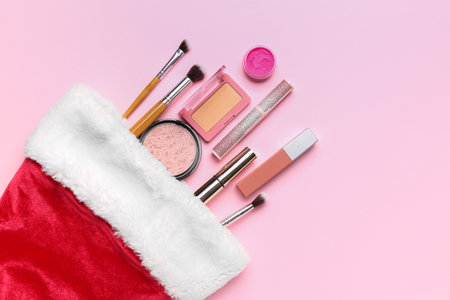 Christmas sock with makeup products on pink backgroundの写真素材