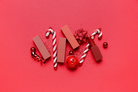 Lipsticks with Christmas decor on red background