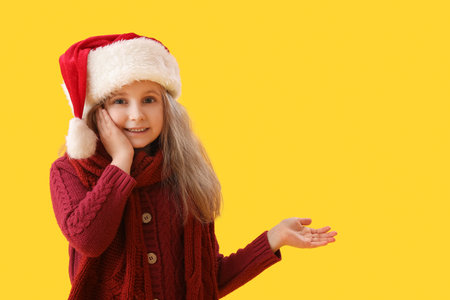 Little girl in Santa hat showing something on yellow backgroundの写真素材