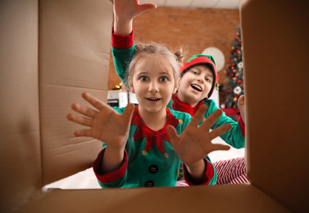 Little children dressed as elves with open Christmas gift box in kitchen, view from inside