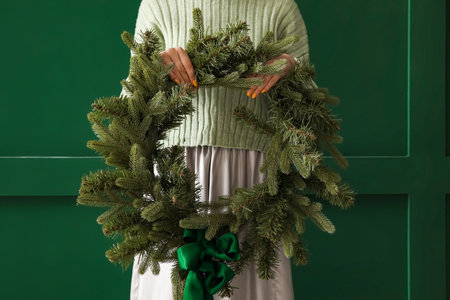 Woman with beautiful Christmas wreath near color wall, closeup