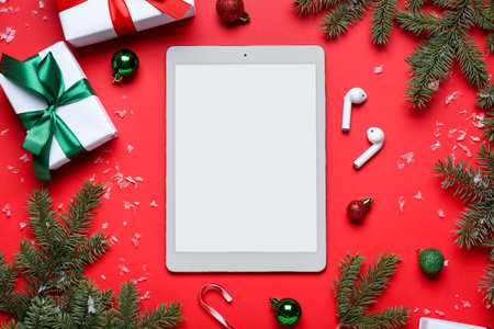 Tablet computer with earphones, gifts, fir branches and Christmas decor on red background