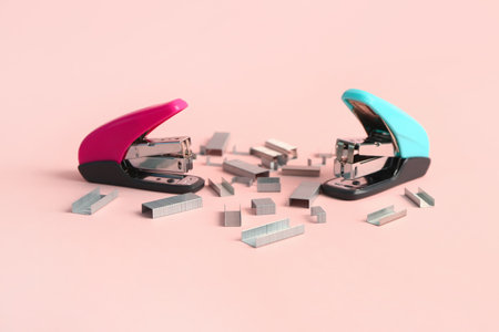 Office staplers and staples on pink backgroundの写真素材