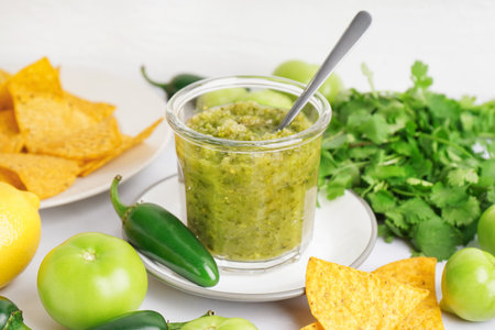Glass of tasty green salsa sauce, ingredients and nachos on light tableの写真素材