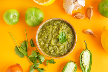 Composition with bowl of tasty green salsa sauce and ingredients on yellow backgroundの写真素材