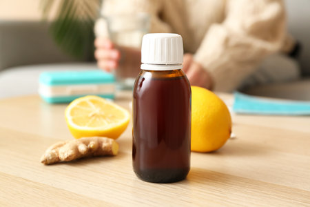 Cough syrup with lemons and ginger on table in room, closeup