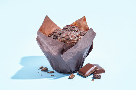 Delicious chocolate muffin on color backgroundの写真素材