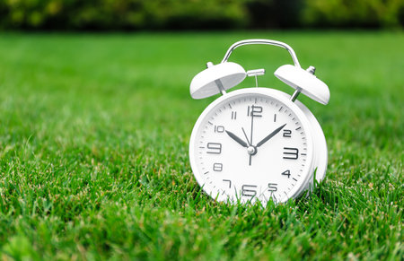 White vintage alarm clock on green grass, closeupの写真素材
