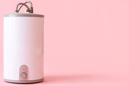 Modern electric boiler on pink backgroundの写真素材
