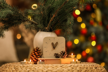 Clock, vase with fir branches, cones, candles and book on pouf against blurred Christmas lights